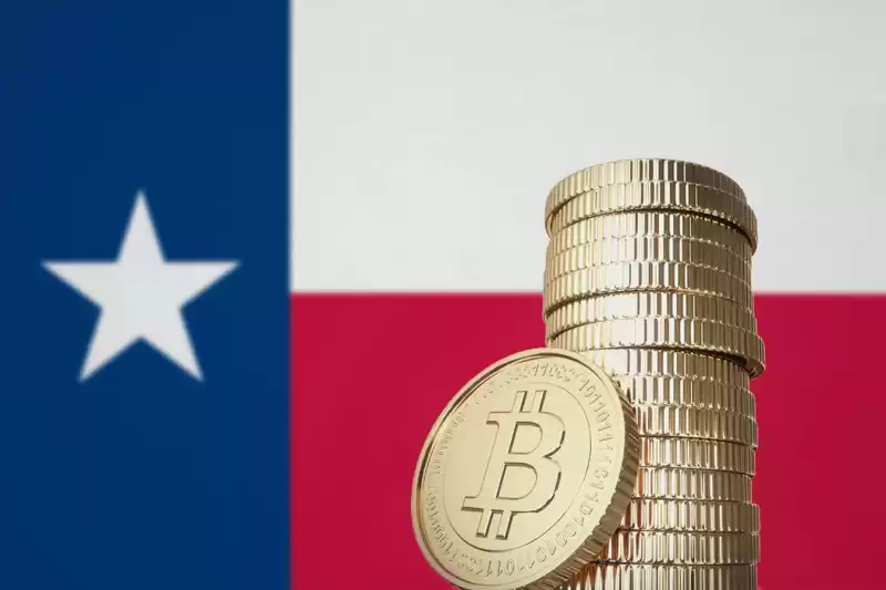 Bitcoin stack with Texas flag in the background.