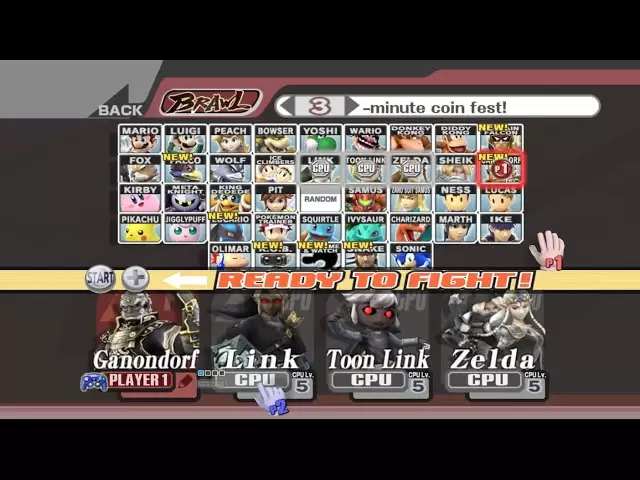 Ganondorf vs Link vs Toon Link vs Zelda | 3分鐘硬幣|超級粉碎兄弟鬥毆戰鬥5