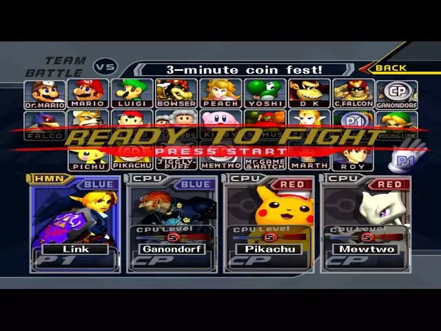 Link＆Ganondorf vs Pikachu＆Mewtwo | 3分鐘硬幣|超級粉碎兄弟近戰戰鬥28